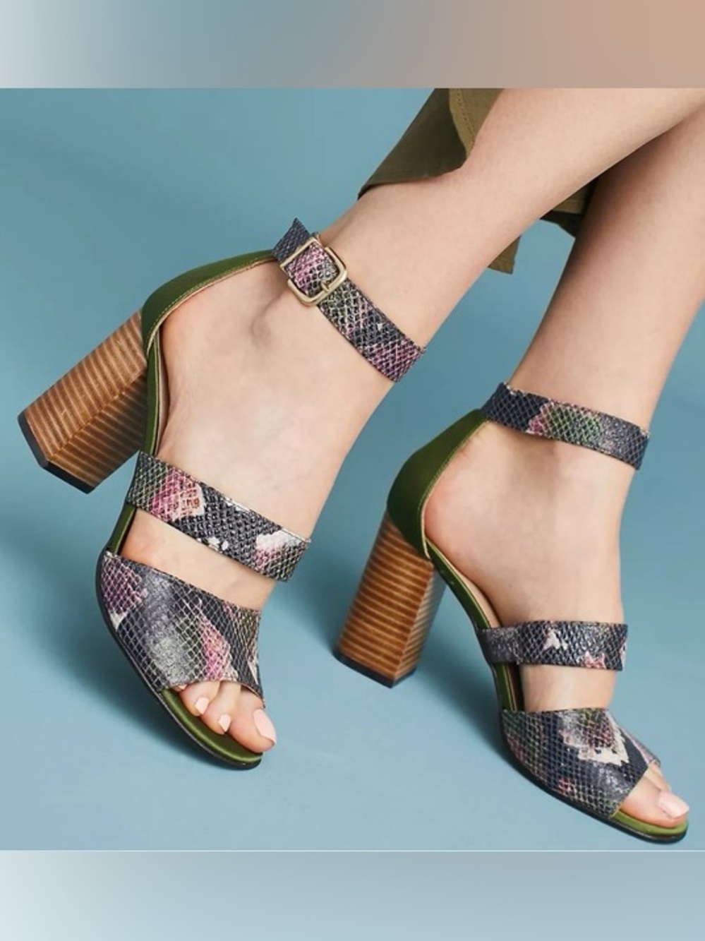 Anthropologie Leather Satin Snakeskin Print Block Heel Sandals | EU 38 / US 8